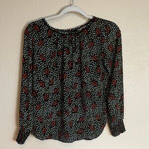 LOFT Black Blouse with Red and White Floral Design